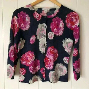 Garnet Hill 3/4 Sleeve Lightweight Floral Merino Wool Cardigan Size S